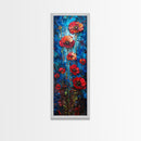 Red Poppies on Textured Blue Canvas as Tall Skinny Art Framed Canvas Print Perfect for Bold Wall Decor in Modern Spaces