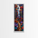 Fantasy Forest Pathway with Giant Mushrooms as Tall Skinny Art Framed Canvas Print for Whimsical Wall Decor in Unique Spaces