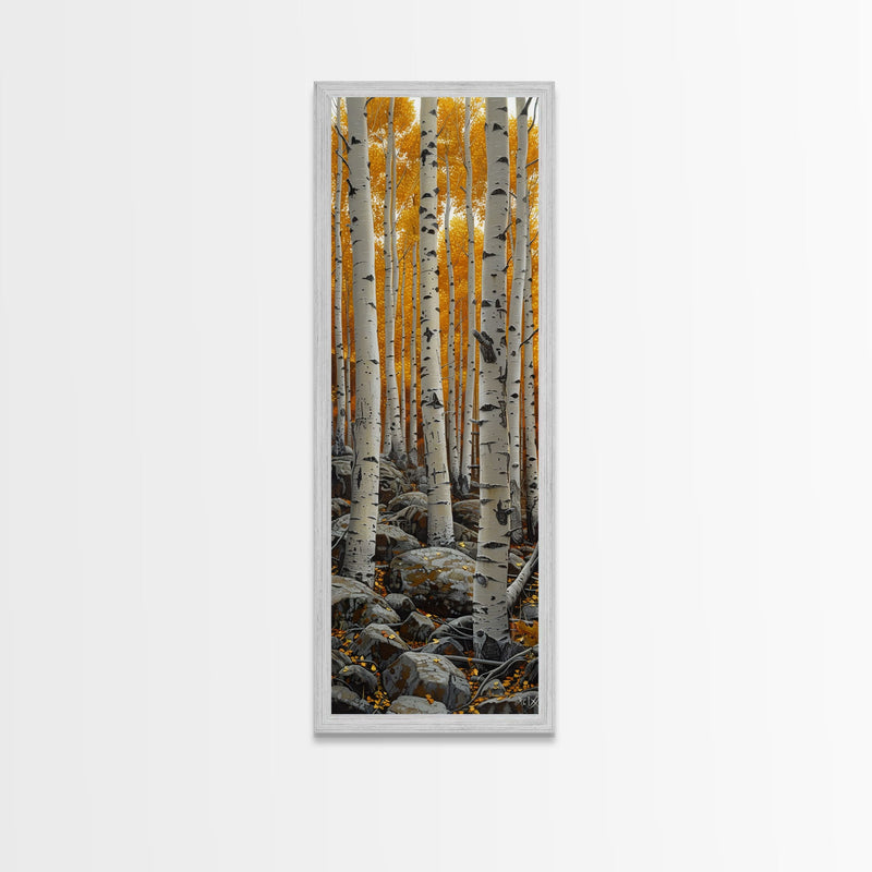 Birch Tree Forest, Framed Canvas Print, Skinny / Tall Wall Art, Living Room Decor, Landscape Painting, Nature Decor