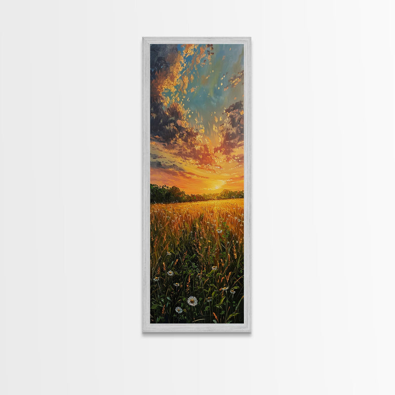 Wheat Fields At Sunset Framed Canvas Print - Beautiful Wall Art - Skinny Art - Tall Art - Statement Piece - Living Room Decor