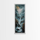 Waterfalls Against A Dark Mountain Landscape, Framed Canvas Print, Wood Frame Wall Art, Unique Decor, Farmhouse Wall Art, Tall / Skinny Wall Art