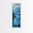 Mountain Reflections In The Lake Framed Canvas Print, Boho Style Oil Painting Print, Minimalist Decor, Unique Gift Idea, Skinny Art For Small Spaces