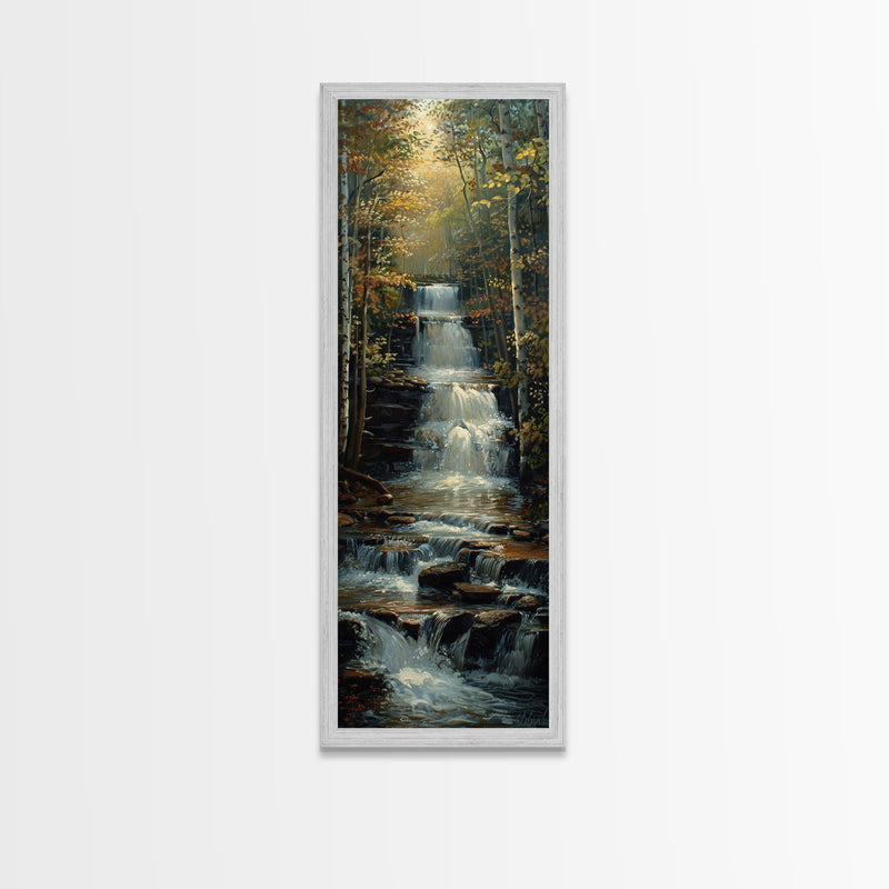 Beautiful Stream Cascading Waterfalls In The Forest at Golden Hour, Framed Canvas Print, Boho Style Landscape Painting Print