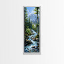 Majestic Mountain Stream In A Serene Forest Landscape, Farmhouse And Minimalist Art Style, Boho Wall Art In Tall Canvas Print