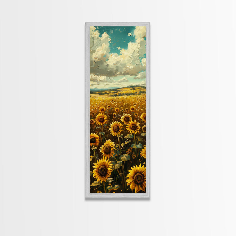 Bright Sunflowers Field Warm Countryside Farmhouse Wall Art Framed Canvas Print Tall Art Ukiyo-e Japanese Style Art