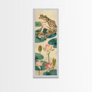 Frogs On Lily Pads Canvas In Japanese Ukiyo-e Style, Traditional Woodblock Print, Framed Canvas Print, Tall Skinny Japanese Wall Art, Ready To Hang