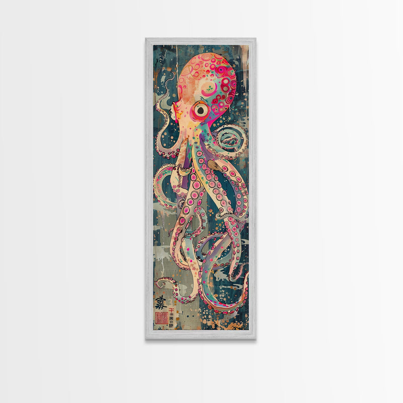 Vibrant Octopus Art in Bold Colors on Tall Vertical Canvas Print Featuring Japanese-Inspired Marine Life Design