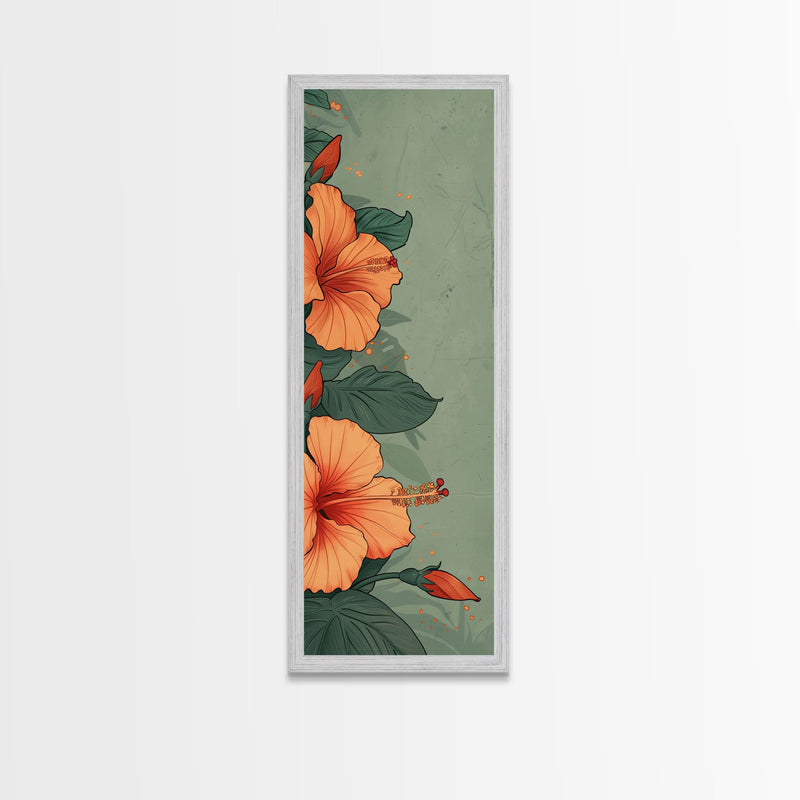 Bright Hibiscus Flowers Ukiyo-e Inspired Art, Framed Canvas Print Ideal for Tall Skinny Spaces, Japanese Floral Design