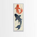 Elegant Koi Fish in Minimalist Japanese Art Style, Tall and Skinny Framed Canvas Print for Ukiyo-e Art Lovers