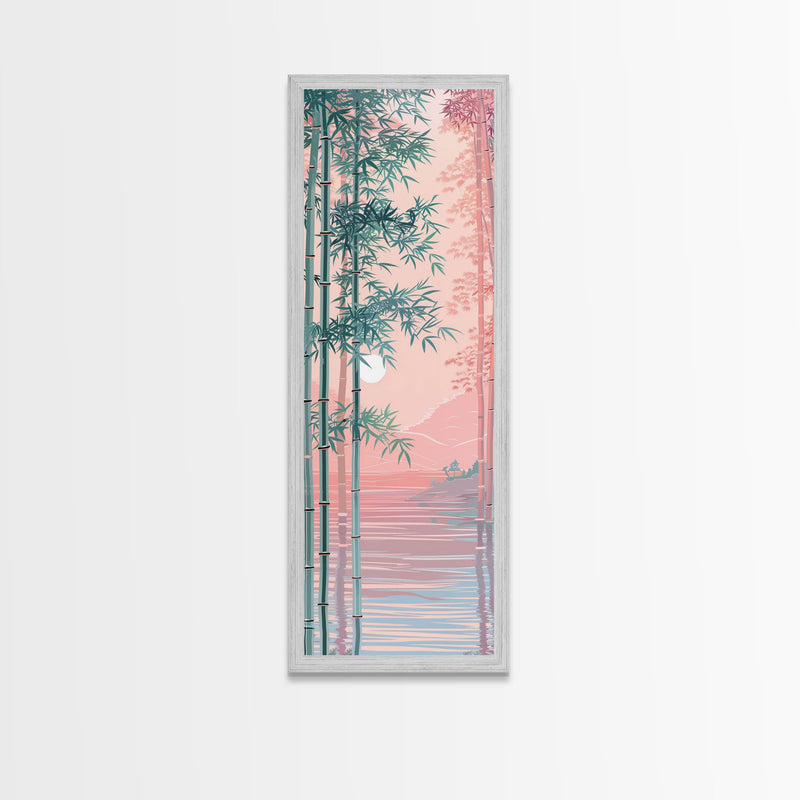 Bamboo Forest, Soft Pink Light, Japanese Art, Skinny Art, Tall Art, Framed Canvas Print, Ukiyo-e Style