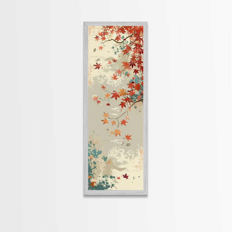 Autumn Maple Leaves in Japanese Garden Ukiyo-e Style Art Skinny Framed Canvas Print with Subtle Color Palette