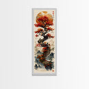 Majestic Bonsai Tree Under the Golden Sun Skinny Art Ukiyo-e Tall Framed Canvas Print with Mountain Landscape