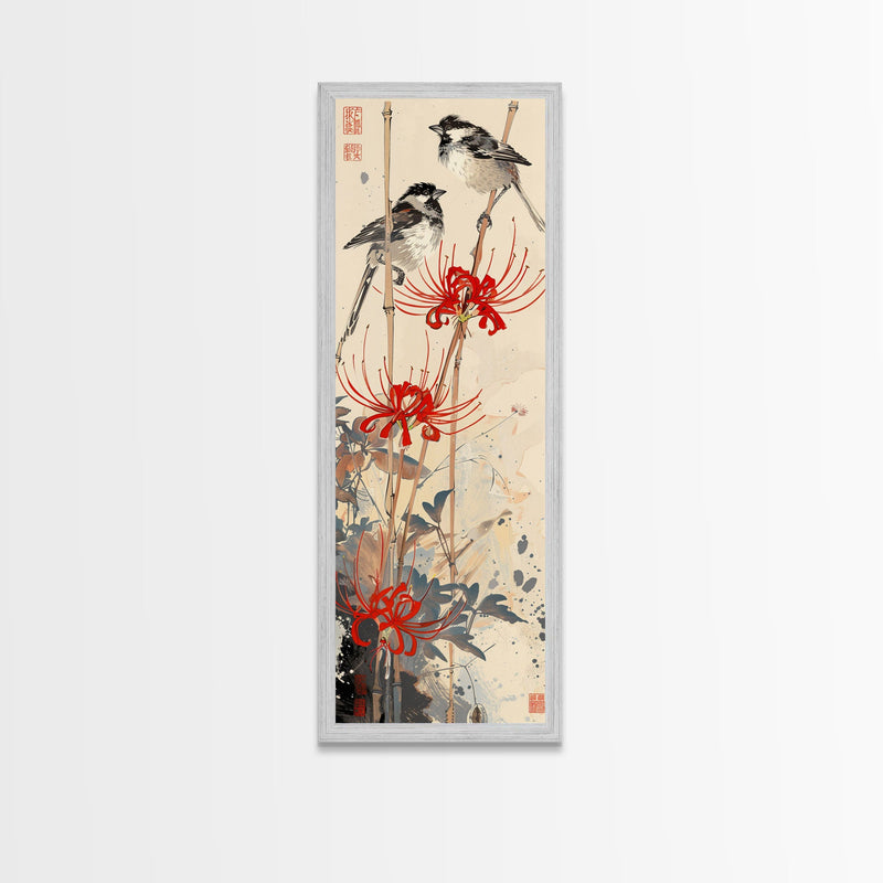 Blossoming Pink Flowers Bold Red Accents Skinny Art Tall Art Framed Canvas Print Japanese Style Art Ukiyo-e Art Wood Block Print Feminine