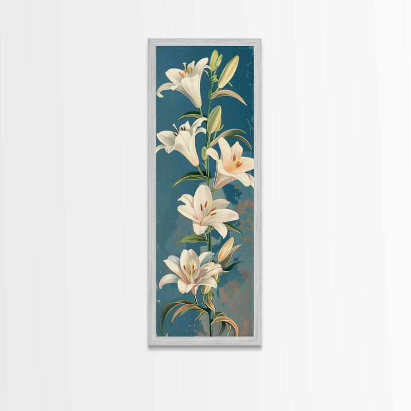 White Lilies On Green Stems Against Faded Blue Background Tall Art Skinny Art Framed Canvas Print Japanese Style Art Ukiyo-e Wood Block Print