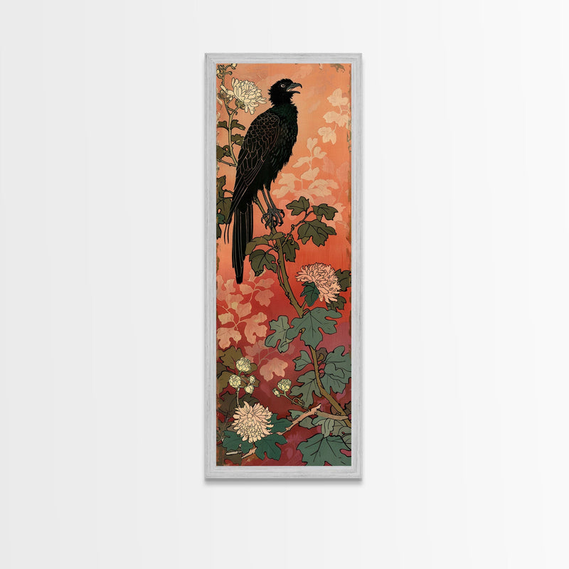 Black Bird On Flowering Branch With Orange Background Tall Art Skinny Art Framed Canvas Print Japanese Style Art Ukiyo-e Wood Block Print