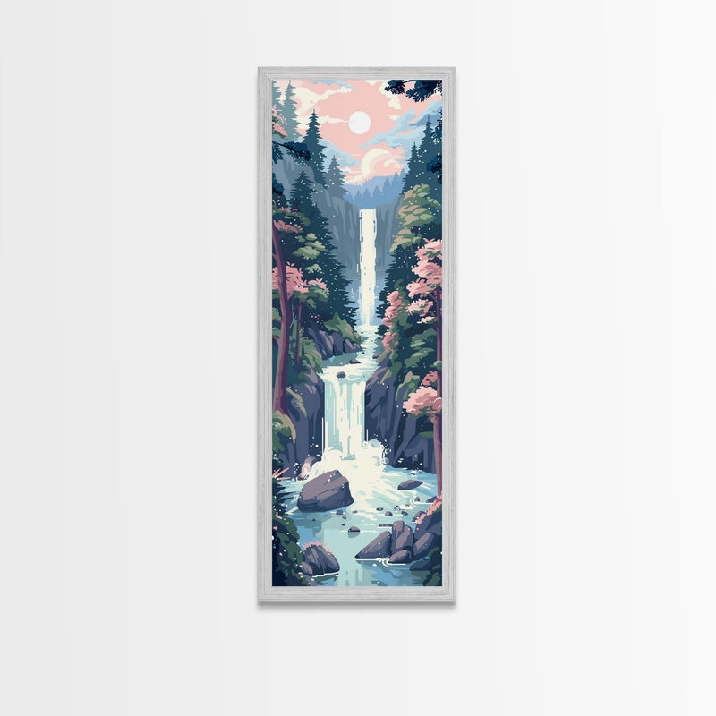 Waterfall Through Rocky Cliff Surrounded By Pine Trees Tall Art Skinny Art Framed Canvas Print Japanese Style Art Ukiyo-e Wood Block Print