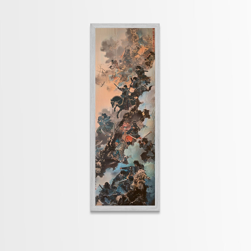 Warriors In A Dynamic Battle Scene With A Dramatic Sky And Fiery Background, Tall Skinny Art Wall Art Framed Canvas Print Japanese Style Art