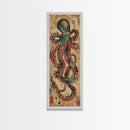 Vintage Canvas Print With Vibrant Octopus Design Ukiyo-e Wall Art Wood Block Print Tall Art Japanese Style Skinny Art