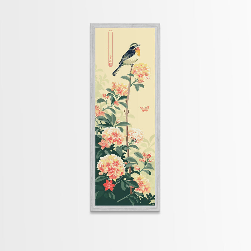 Bird Perched On Floral Branch With Butterfly Ukiyo-e Art Framed Canvas Print Japanese Style Tall Art Wood Block Print Skinny Art