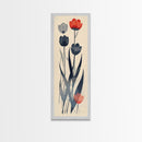 Minimalist Tulips In Red And Gray On Beige Background Framed Canvas Print Ukiyo-e Art Wood Block Print Japanese Style Skinny Art Tall Art
