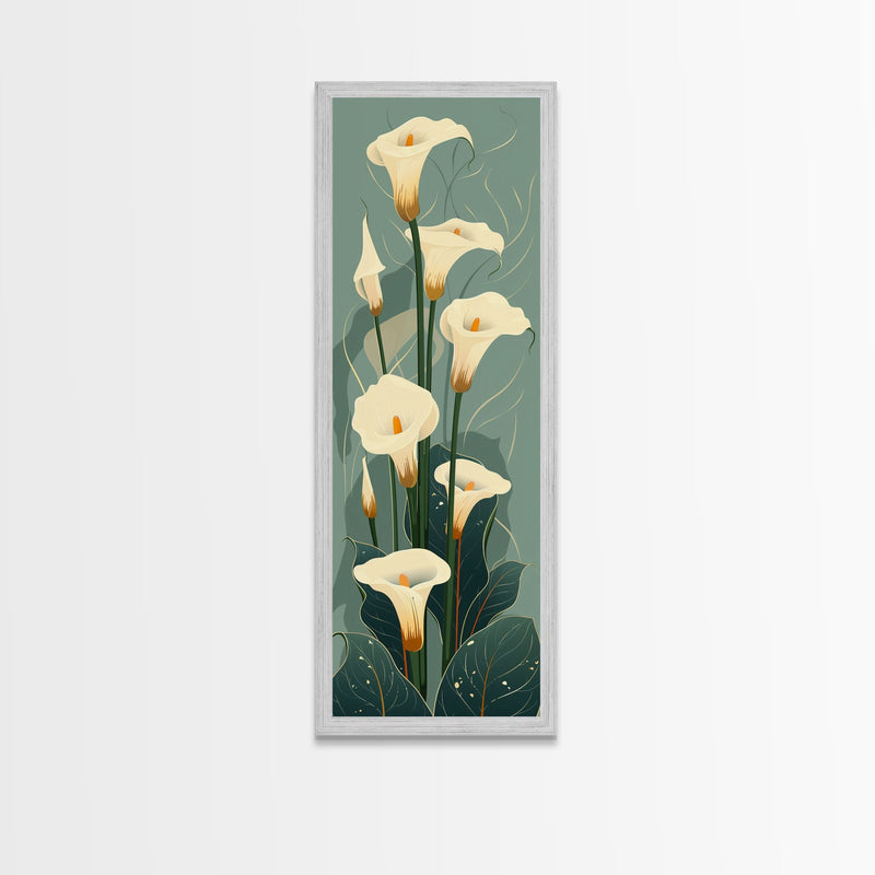 White Calla Lilies on Green Background, Tall Framed Canvas Print in Japanese Ukiyo-e Style Wall Art