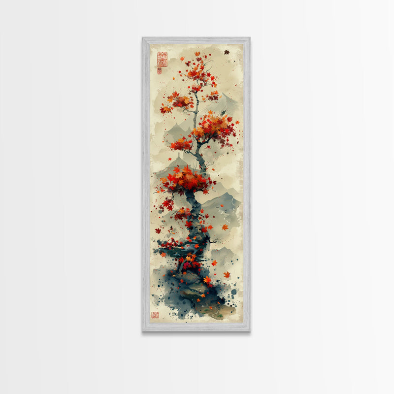 Autumn Bonsai Tree Traditional Japanese Style Nature Art On Framed Canvas Print In Ukiyo-e Art Design Tall Skinny Wood Block Wall Decor