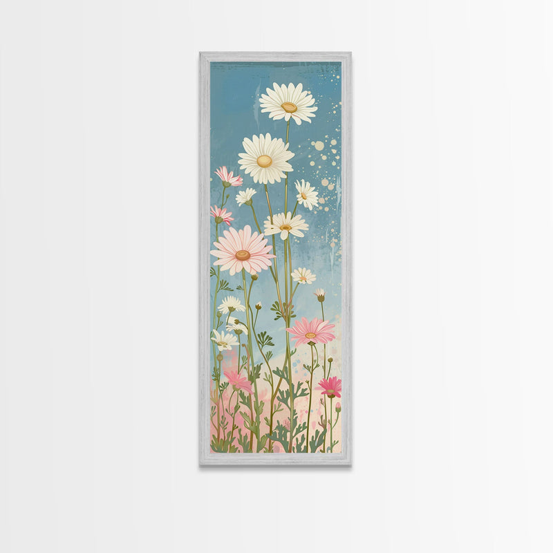 White Daisies Blossoms Japanese Tall Wall Art Blue Background Skinny Framed Canvas Print Ukiyo-e Style