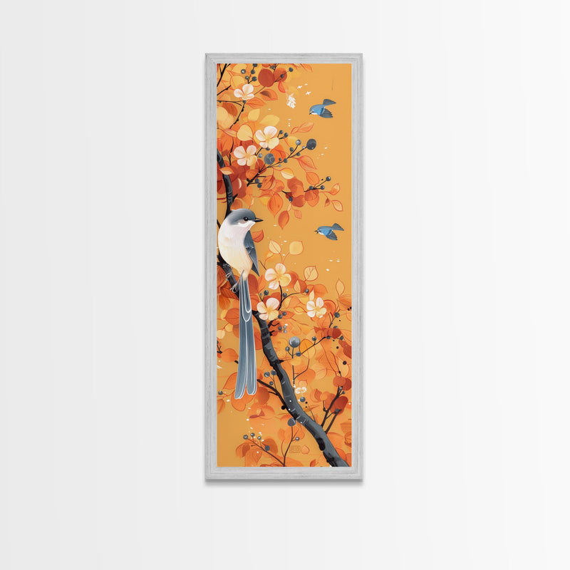 Birds Among Autumn Leaves Japanese Style Tall Wall Art Skinny Framed Canvas Print Woodblock Print