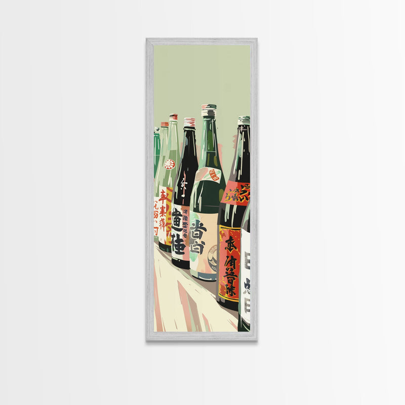 Array Of Japanese Sake Bottles With Minimalistic Labels Arranged Simple Composition Captured Tall Framed Canvas Print Bar Decor