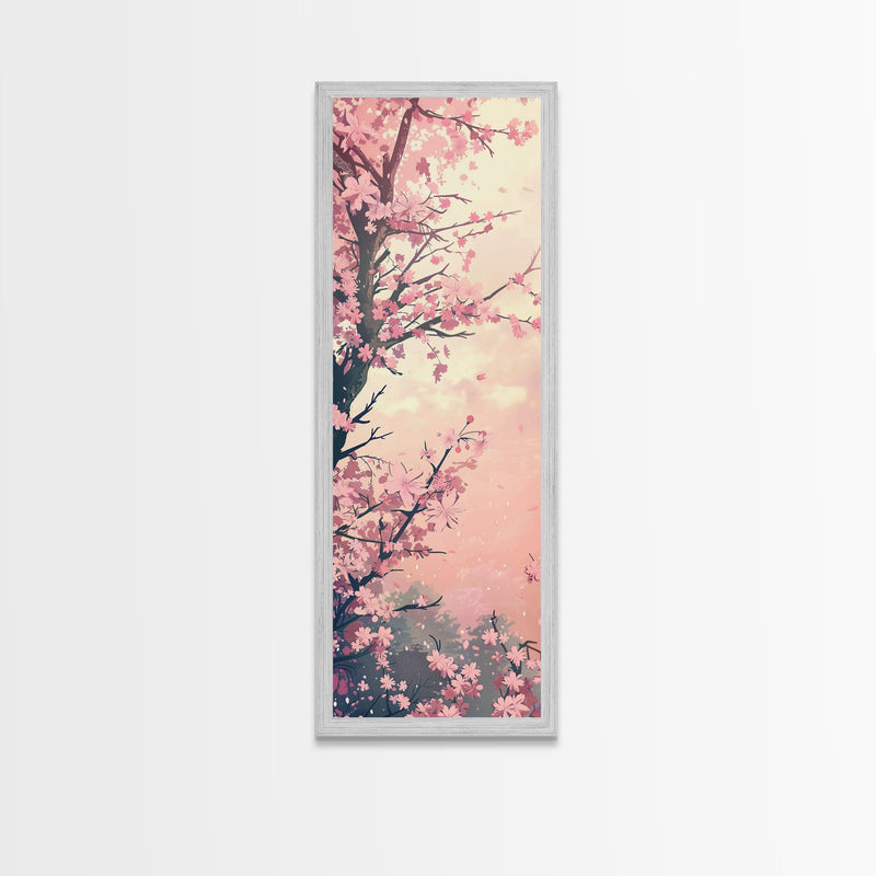 Beautiful Cherry Blossoms Blooming On Tree Branch Against Soft Pastel Background Captured Tall Framed Canvas Print Floral Home Decor