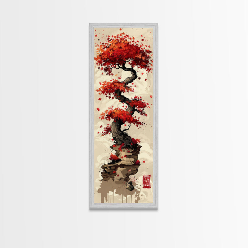 Vibrant Red Maple Tree with Twisting Branches on a Beige Background Ukiyo-e Art Japanese Framed Canvas Print Skinny Tall Art