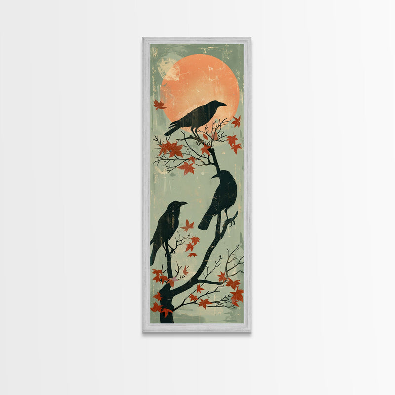 Black Crows Japanese Art Skinny Wall Art Framed Canvas Print on Branches with Red Maple Leaves Against Warm Orange Sun