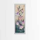 Tall Art Featuring Elegant Bellflowers In Soft Purples And Pinks Against A Muted Background, Skinny Art, Japanese Style Art, Ukiyo-e Art, Framed Canvas Print, Wood Block Print