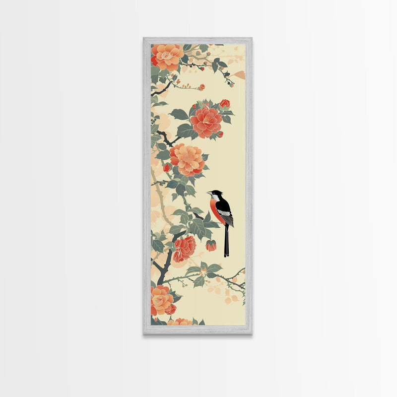 Bird Among Camellia Flowers On Light Background Skinny Art Ukiyo-e Wood Block Print Framed Canvas Print