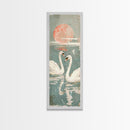 Graceful Swans With Peaceful Lake And Reflecting Sun Ukiyo-e Wood Block Skinny Tall Japanese Style Art Framed Canvas Print