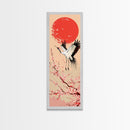 Elegant Crane Bird In Mid-flight Against Bold Red Sun Ukiyo-e Tall Skinny Wood Block Framed Canvas Print Japanese Style Art