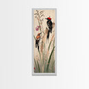Detailed Woodpeckers Perched On Stems Amid Nature For Rustic Wall Art Ukiyo-e Japanese Style Art Skinny Framed Canvas Print