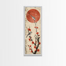 Delicate Birds Perched On Blooming Branch With Red Sun For Traditional Japanese Wall Art Decor Ukiyo-e Style Framed Canvas Print