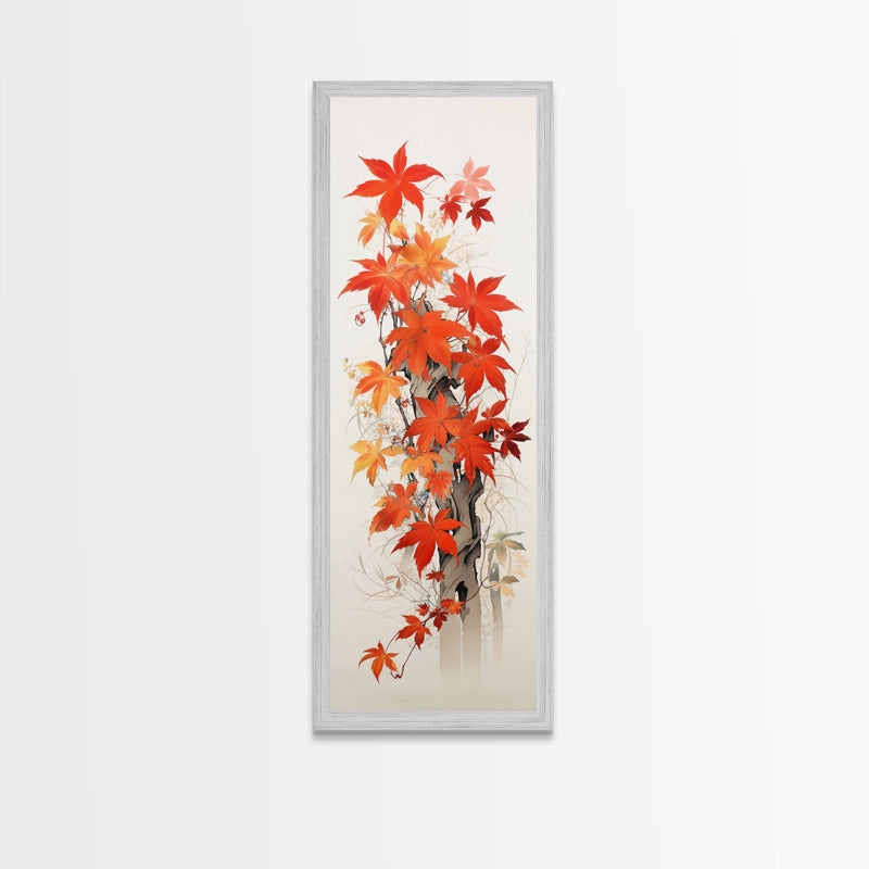 Brilliant Red Leaves On A Twisted Tree, Framed Canvas Print In Skinny Tall Style, Ideal For Feng Shui Wall Art In Japanese Style Art