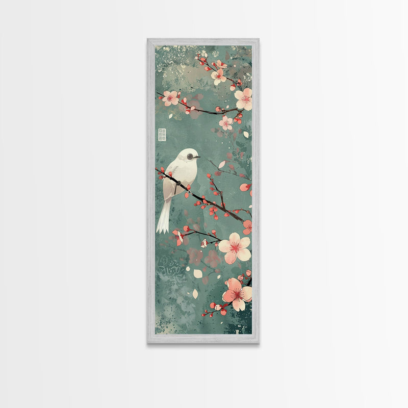 White Bird Perched On A Branch With Blossoms â€“ Framed Canvas Print Combining Skinny Art And Tall Art Inspired By Ukiyo-E Art And Japanese Style Art