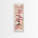 Tall Skinny Art Japanese Style Wood Block Print Potted Bonsai Tree On A Textured Background In Ukiyo-e Style For Framed Canvas Print