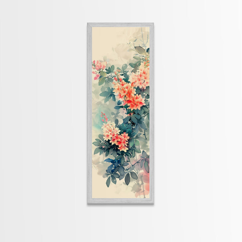 Azalea Blossoms Skinny Art Tall Art Japanese Ukiyo-e Inspired Floral Framed Canvas Print for Elegant and Timeless Decor