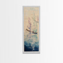 Sailboats On Calm Sea Canvas In Japanese Ukiyo-e Style, Traditional Woodblock Print, Framed Canvas Print, Tall Skinny Japanese Wall Art, Ready To Hang