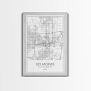 Des Moines Street Map, Iowa Map, City Map Art, Minimalist Art, Wall Art, Canvas Print, Girlfriend Gift, Travel Wall Art, Dorm Room Art