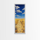 Golden Prairie Trail Framed Canvas Print rustic wall art, southwest wall art, landscape painting, farmhouse art, extra wide art, panoramic painting, above sofa art, wabi sabi art, Joshua tree art