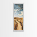 Serene Rural Path Framed Canvas Print landscape painting, farmhouse art, above couch art, rustic wall art, wabi sabi art, extra wide art, panoramic art, warm neutral wall art, barn landscape oil painting