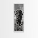 Majestic Bison Close-Up, Framed Canvas Print, rustic wall art, cowboy home décor, wildlife photography, farmhouse art, black and white photography