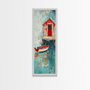 Red Boathouse Coastal Scene Framed Canvas Print | Nautical Decor | Seascape Painting | Rustic Wall Art | Coastal Painting