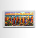 Vibrant Coastal Fence, beach decor, coastal landscape art, coastal wall art, nautical painting, extra wide art, framed canvas print