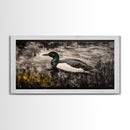 Loon Water Bird, Black and White Painting, Rustic Wildlife Art, Nature Wall Art, Lake House Decor, Framed Canvas Print, Extra Wide Art